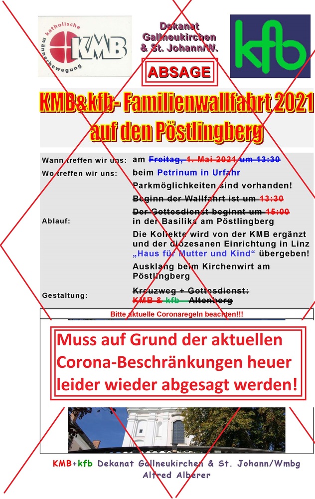 Ein durchgestrichenes Plakat von der gemeinsamen Maiandacht von Kath. Frauenbewegung und Männerbewegung für den 1.Mai auf den Pöstlingberg