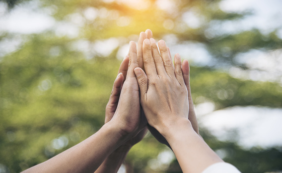 Teamwork high five as team together hands air greeting  power tag team. Group of diversity people multiethnic